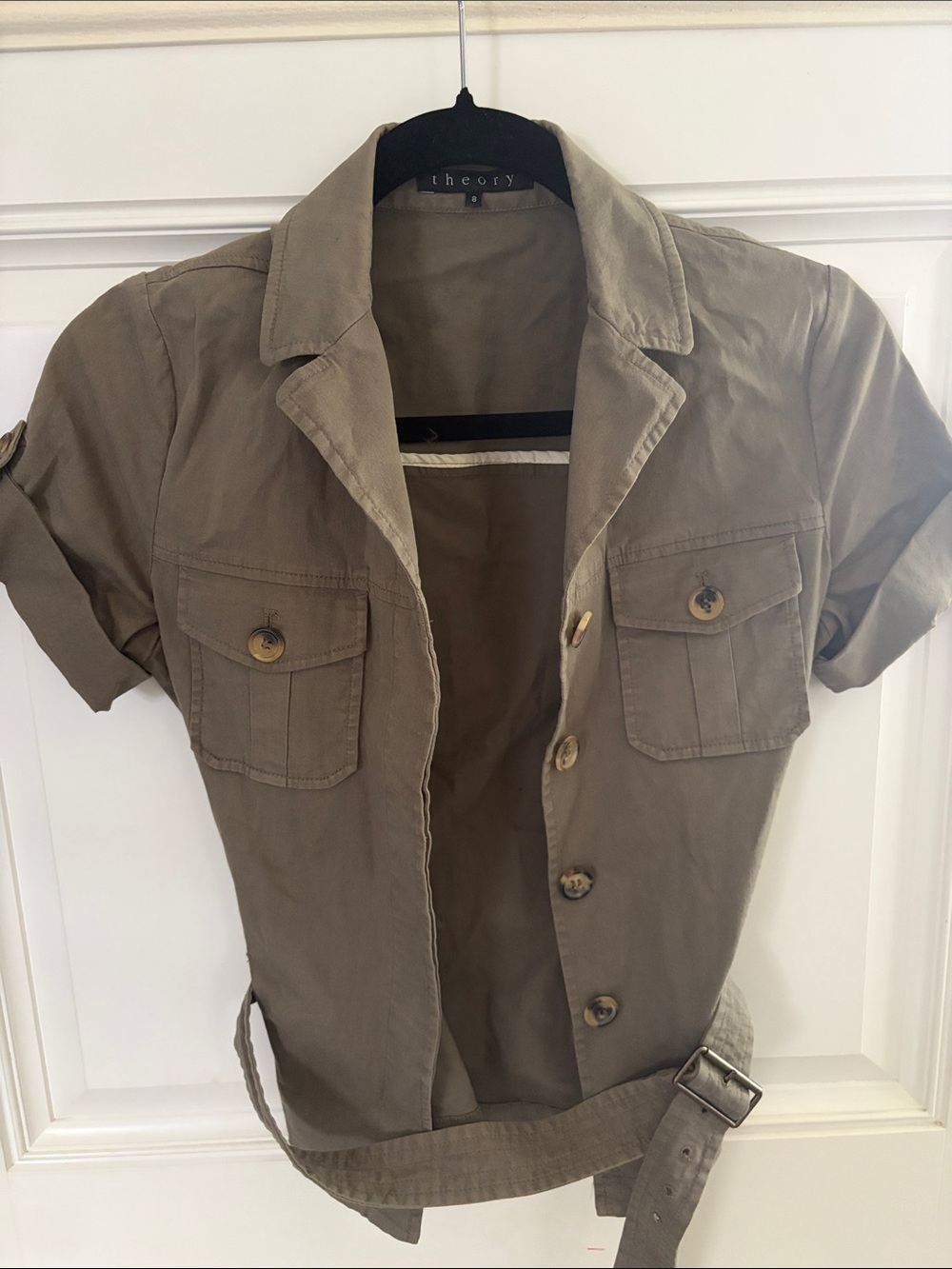 Theory Olive Short-Sleeve Utility Jacket with Belt